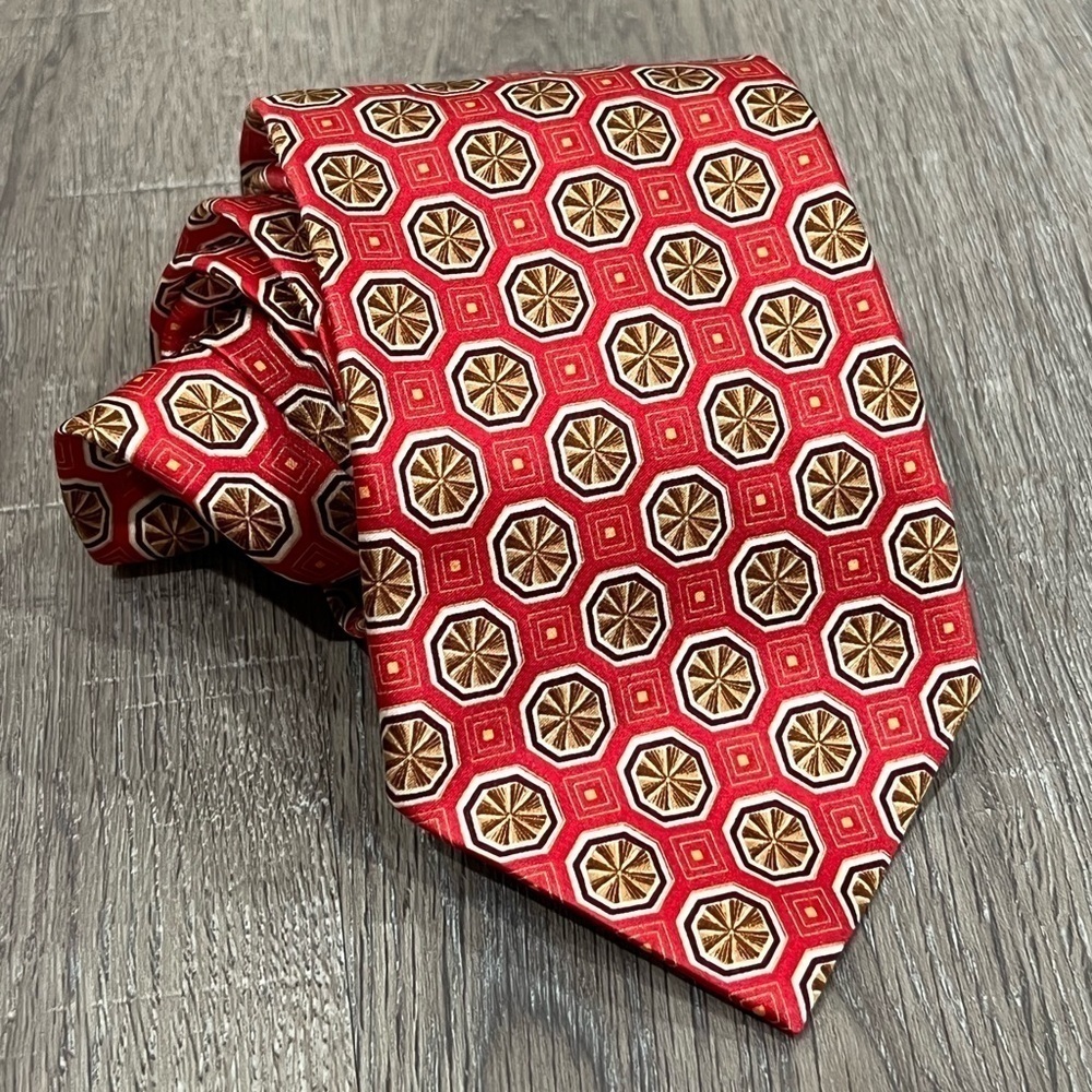 Ermenegildo Zegna Tie Sunburst Geometric Red Orange Power Summer 100% Silk Italy